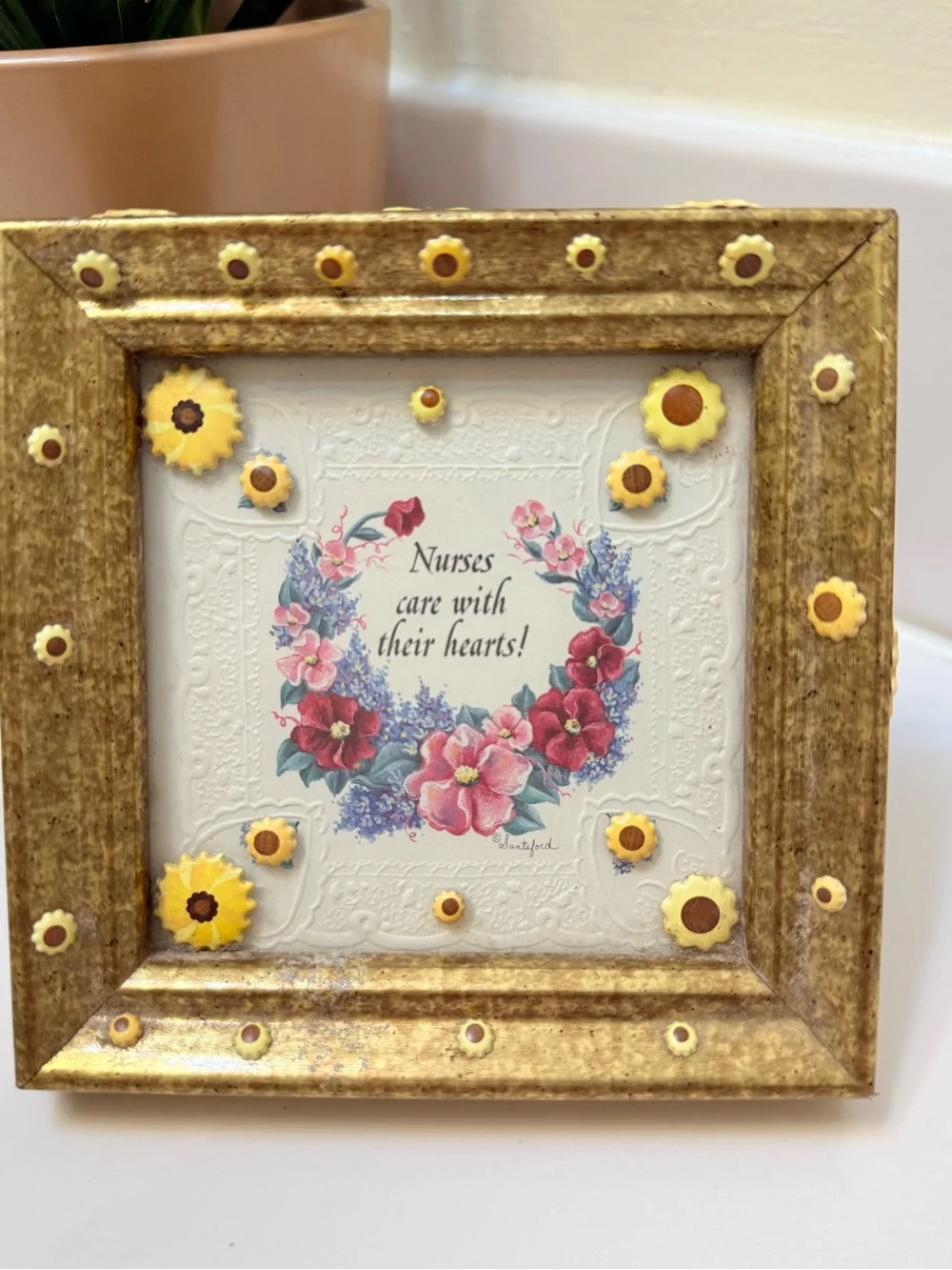 Gold Floral Accent Frame with Yellow Flower Details 4x4